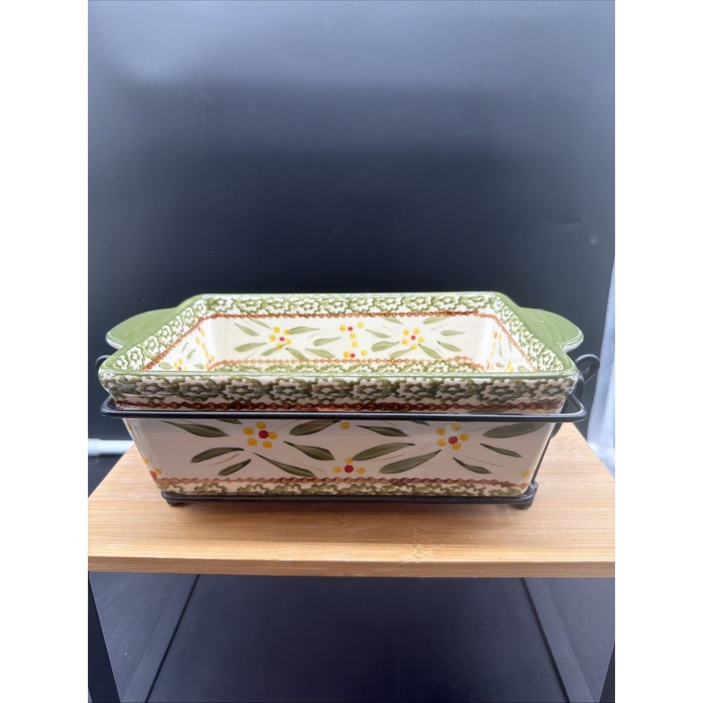 Vtg Temptations Ovenware Old World Green 1.5 qt Baking Dish & Metal Rack